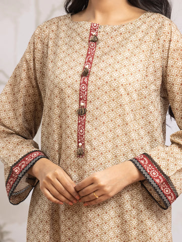 EDENROBE-Unstitched Beige Printed Khaddar 3 Piece - EWU24M2-187