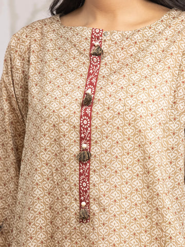 EDENROBE-Unstitched Beige Printed Khaddar 3 Piece - EWU24M2-187