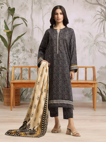EDENROBE-M3-071-Unstitched Black Printed Khaddar 3 Piece