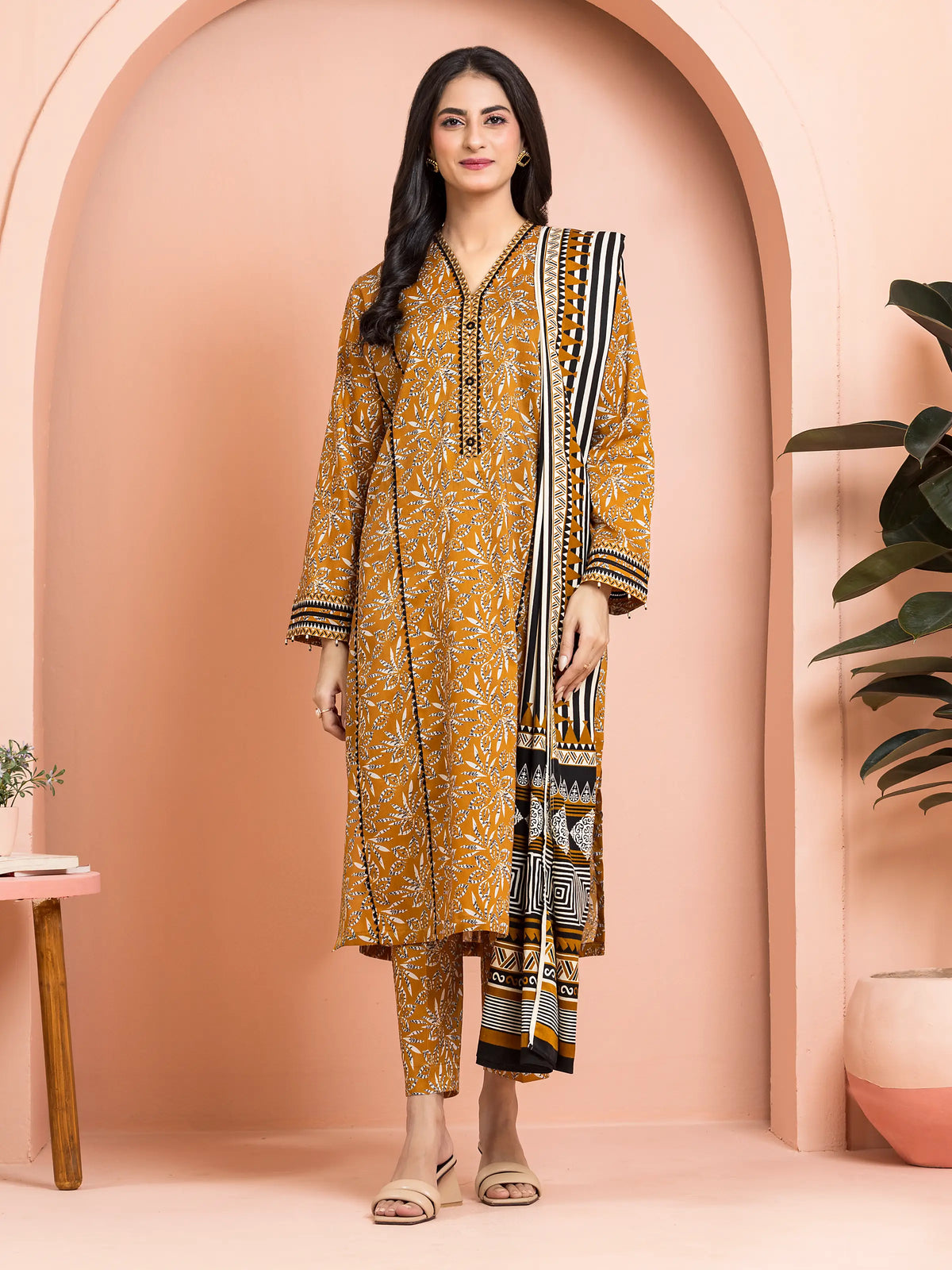EDENROBE-M3-077-Unstitched Mustard Printed Khaddar 3 Piece