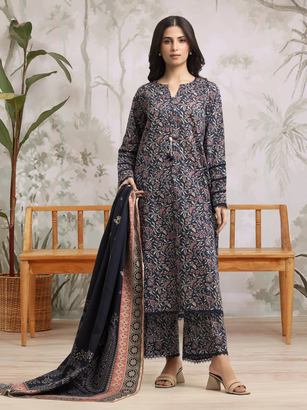 EDENROBE-Unstitched Navy Blue Printed Khaddar 3 Piece- EWU24M3-080