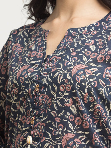 EDENROBE-Unstitched Navy Blue Printed Khaddar 3 Piece- EWU24M3-080