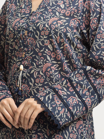 EDENROBE-Unstitched Navy Blue Printed Khaddar 3 Piece- EWU24M3-080