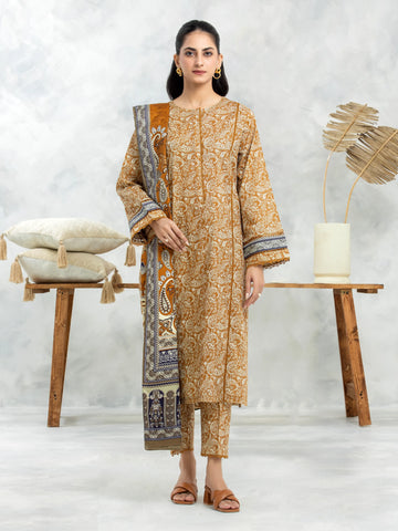 EDENROBE-M3-089-Unstitched Dark Mustard Printed Khaddar 3 Piece