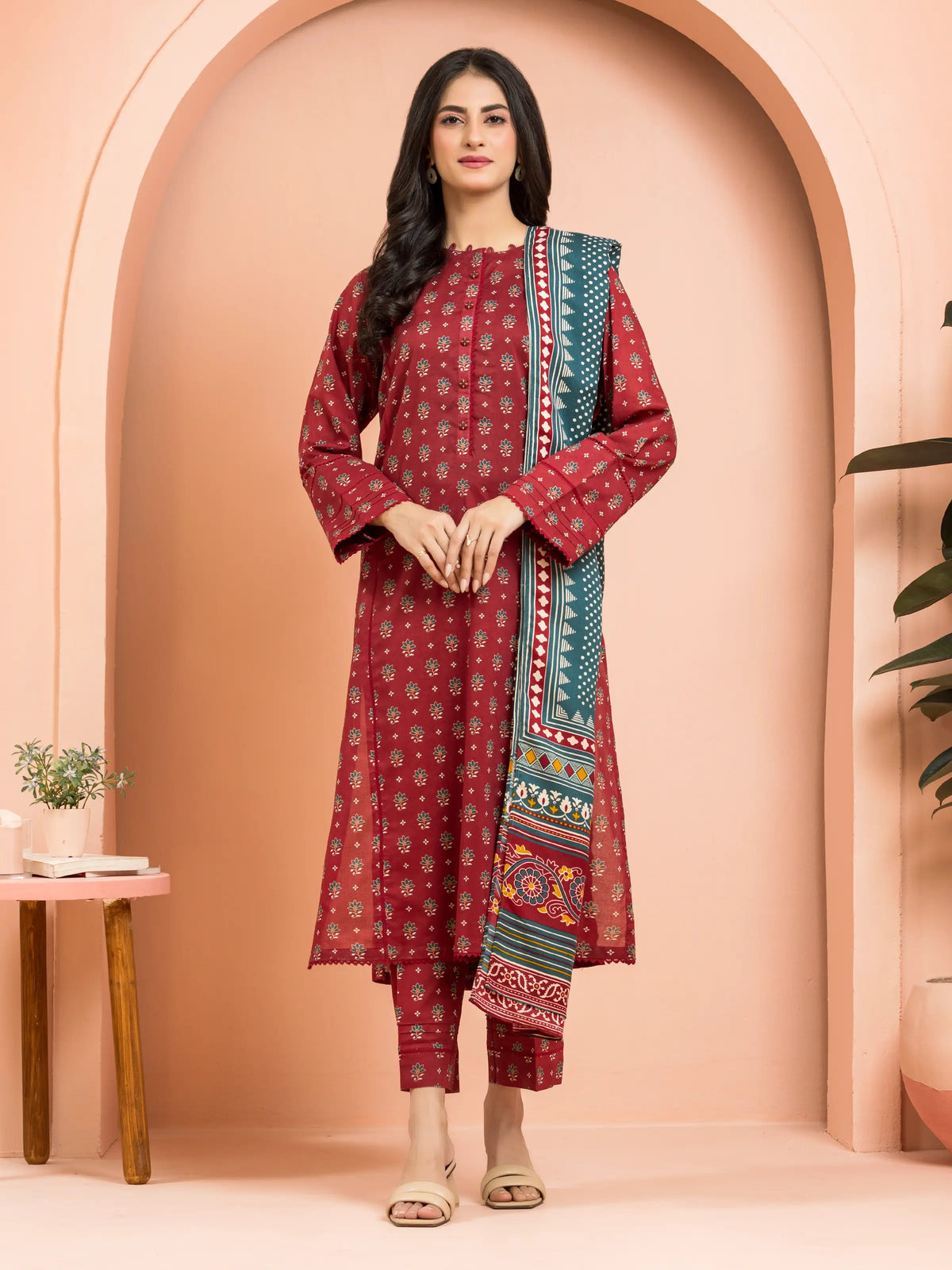EDENROBE-Unstitched Maroon Printed Khaddar 3 Piece- EWU24M3-092