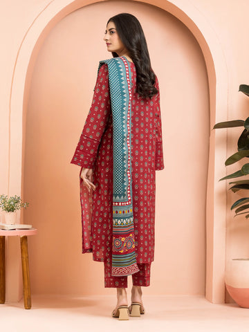 EDENROBE-Unstitched Maroon Printed Khaddar 3 Piece- EWU24M3-092