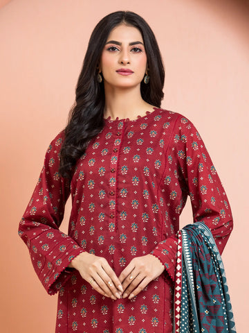 EDENROBE-Unstitched Maroon Printed Khaddar 3 Piece- EWU24M3-092