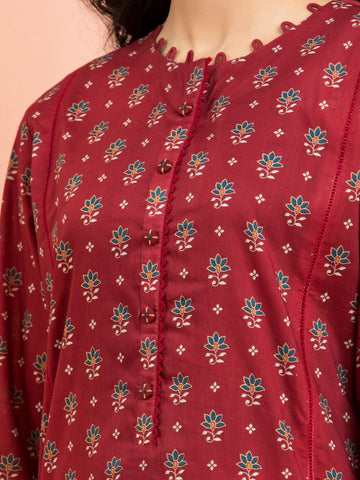 EDENROBE-Unstitched Maroon Printed Khaddar 3 Piece- EWU24M3-092