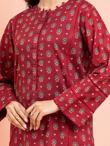 EDENROBE-Unstitched Maroon Printed Khaddar 3 Piece- EWU24M3-092