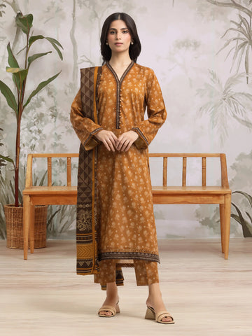 EDENROBE-M3-093-Unstitched Golden Printed Khaddar 3 Piece