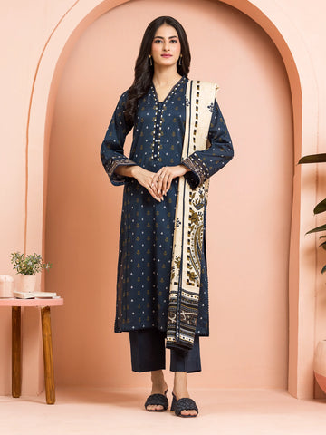 EDENROBE-M3-096-Unstitched Dark Ocean Printed Khaddar 3 Piece