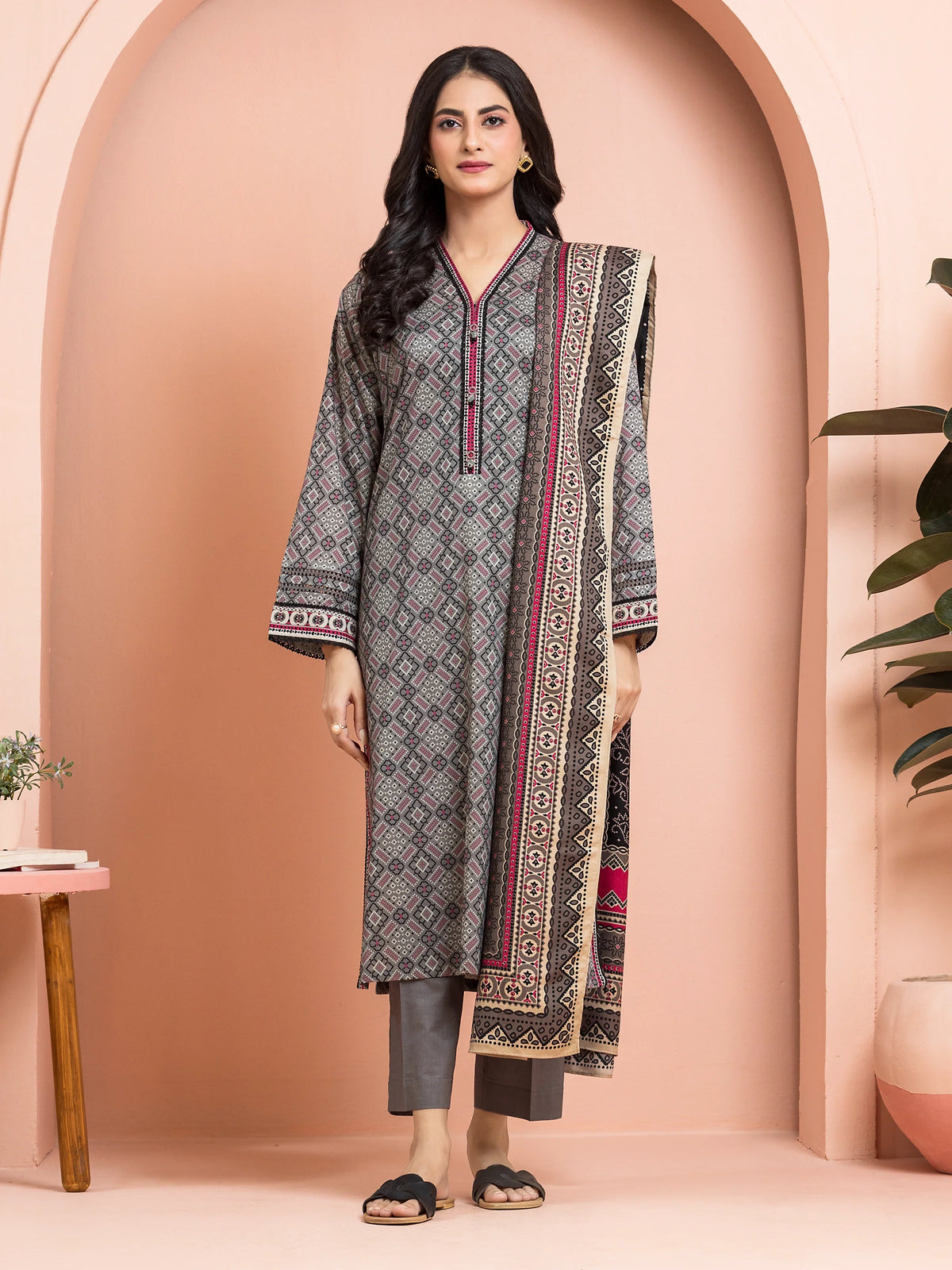 EDENROBE-M3-098-Unstitched Grey Printed Khaddar 3 Piece
