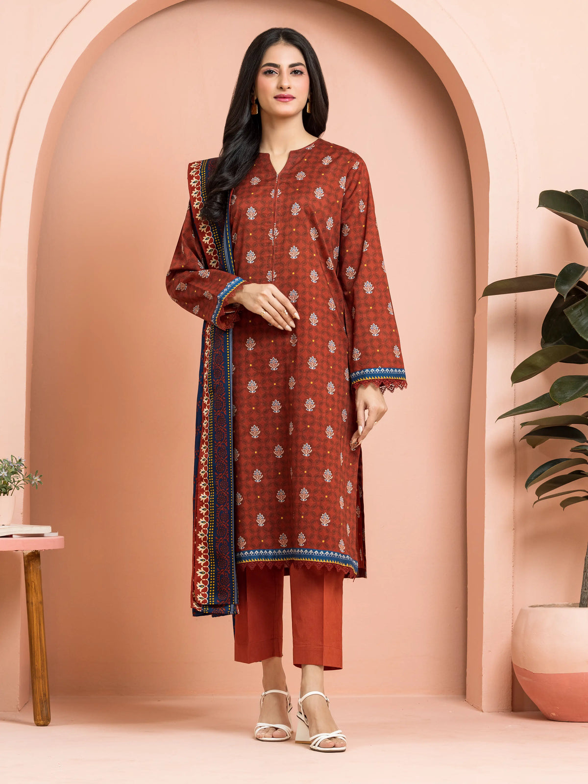 EDENROBE-M3-103-Unstitched Dark Rust Printed Khaddar 3 Piece