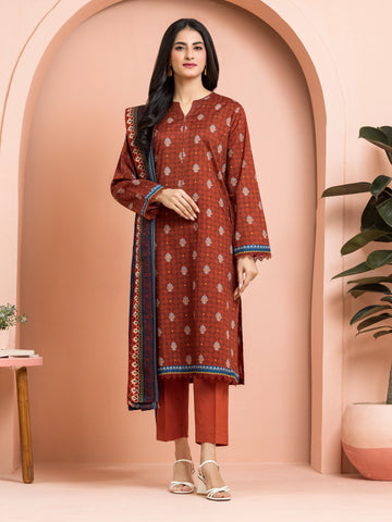 EDENROBE-M3-103-Unstitched Dark Rust Printed Khaddar 3 Piece