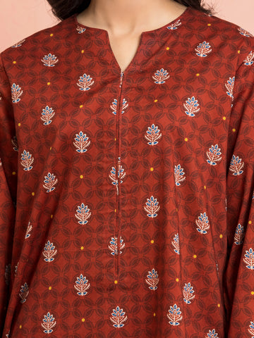 EDENROBE-M3-103-Unstitched Dark Rust Printed Khaddar 3 Piece