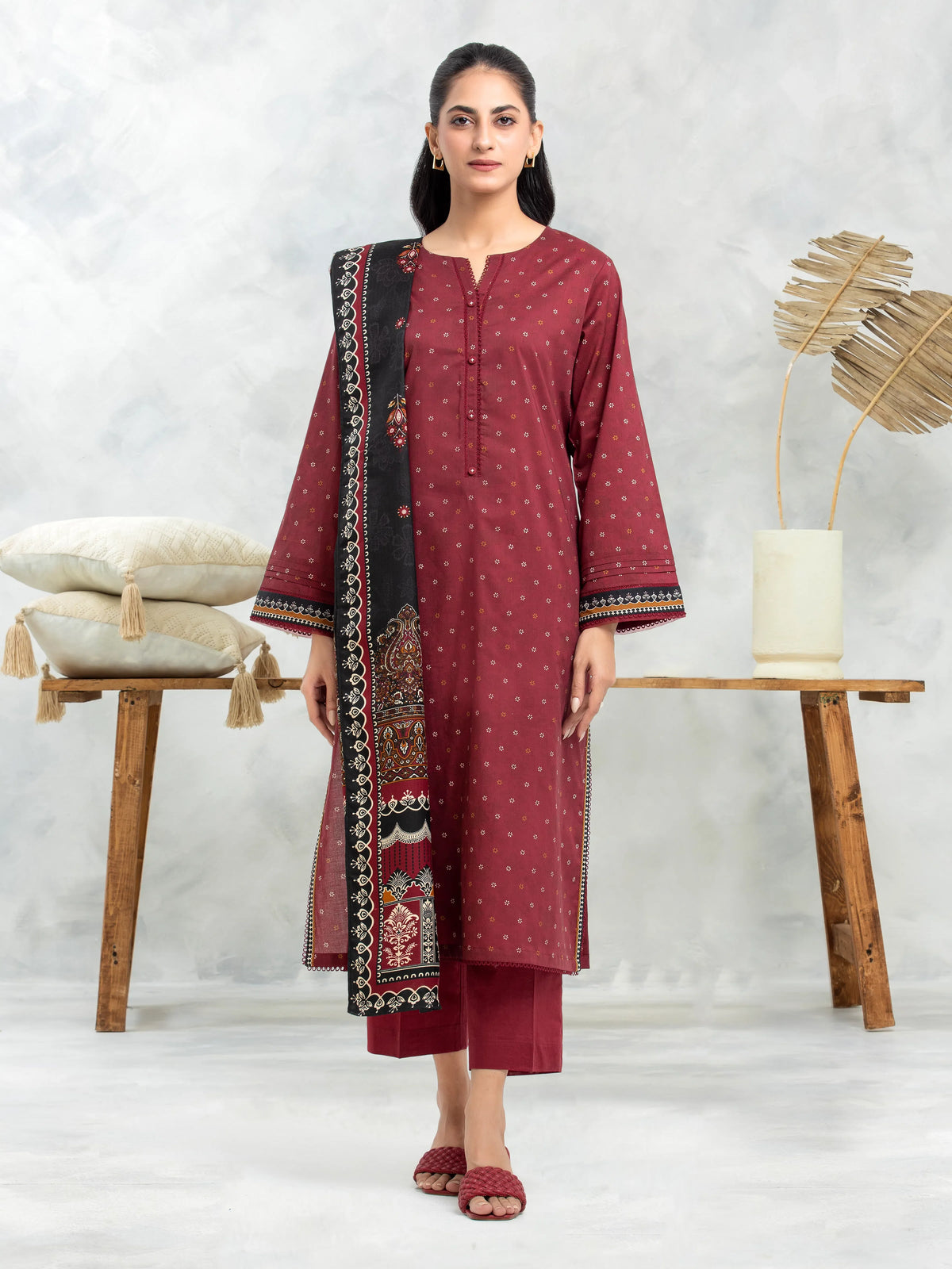 EDENROBE-M3-111-Unstitched Maroon Printed Khaddar 3 Piece