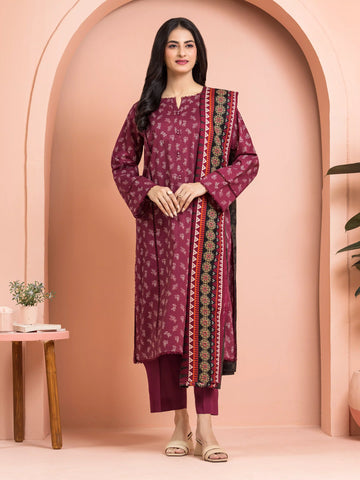 EDENROBE-M3-113-Unstitched Burgundy Printed Khaddar 3 Piece
