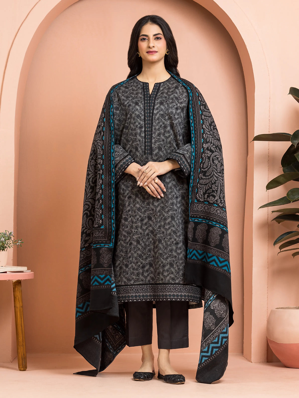 EDENROBE-Unstitched Dark Grey Printed Khaddar 3 Piece- EWU24M3-117