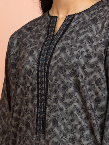 EDENROBE-Unstitched Dark Grey Printed Khaddar 3 Piece- EWU24M3-117