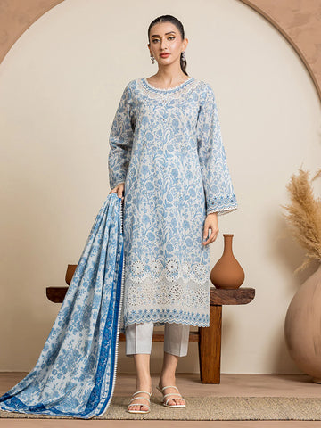 EDENROBE-28606-Unstitched Blue Embroidered Cambric 3 Piece