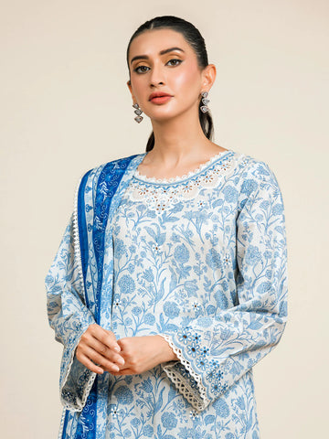 EDENROBE-28606-Unstitched Blue Embroidered Cambric 3 Piece