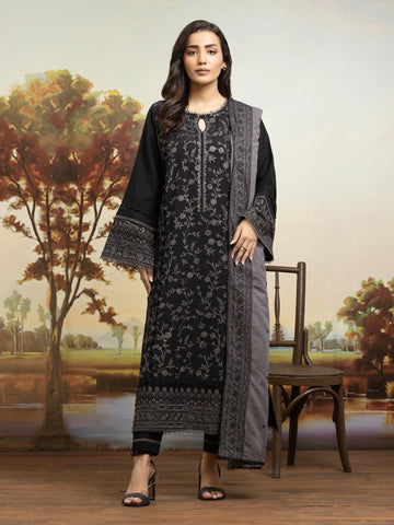 EDENROBE-30303-Unstitched Black Embroidered Khaddar 3 Piece