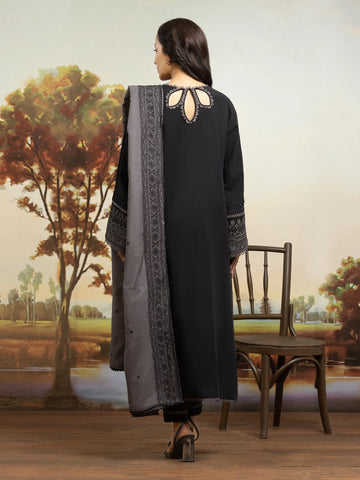 EDENROBE-30303-Unstitched Black Embroidered Khaddar 3 Piece