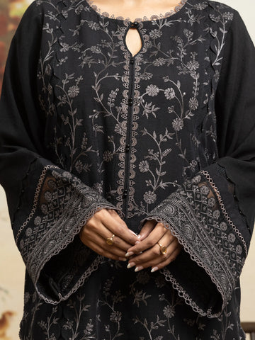 EDENROBE-30303-Unstitched Black Embroidered Khaddar 3 Piece