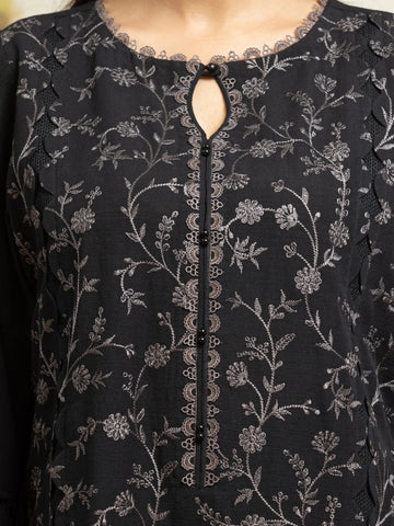 EDENROBE-30303-Unstitched Black Embroidered Khaddar 3 Piece