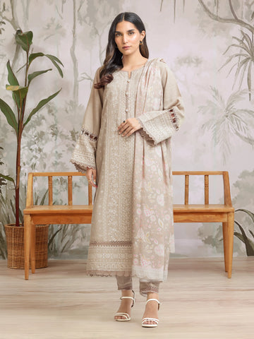 EDENROBE-30307-Unstitched Beige Embroidered Khaddar 3 Piece