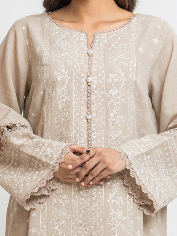 EDENROBE-30307-Unstitched Beige Embroidered Khaddar 3 Piece