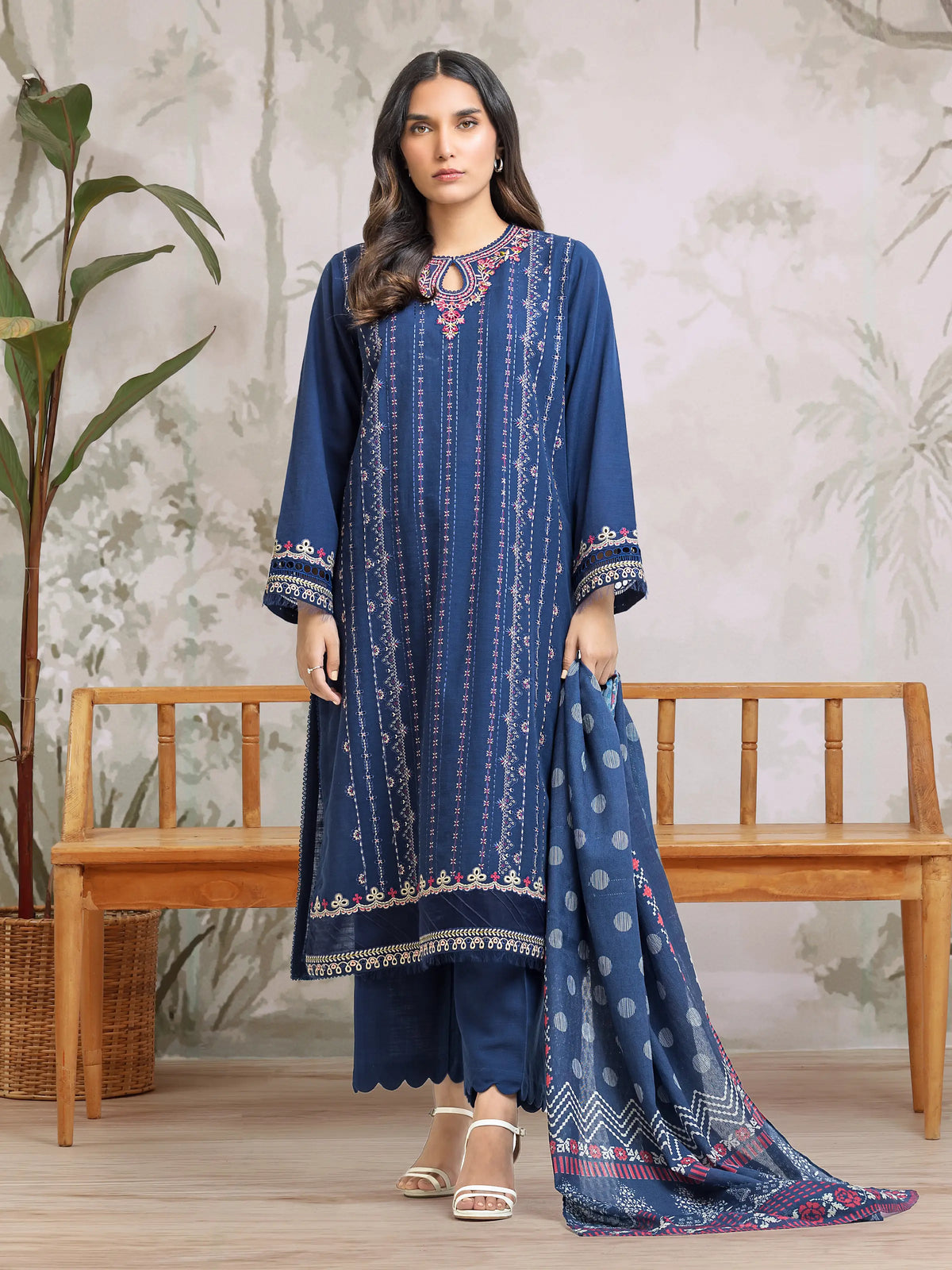 EDENROBE-30309-Unstitched Blue Embroidered Khaddar 3 Piece -