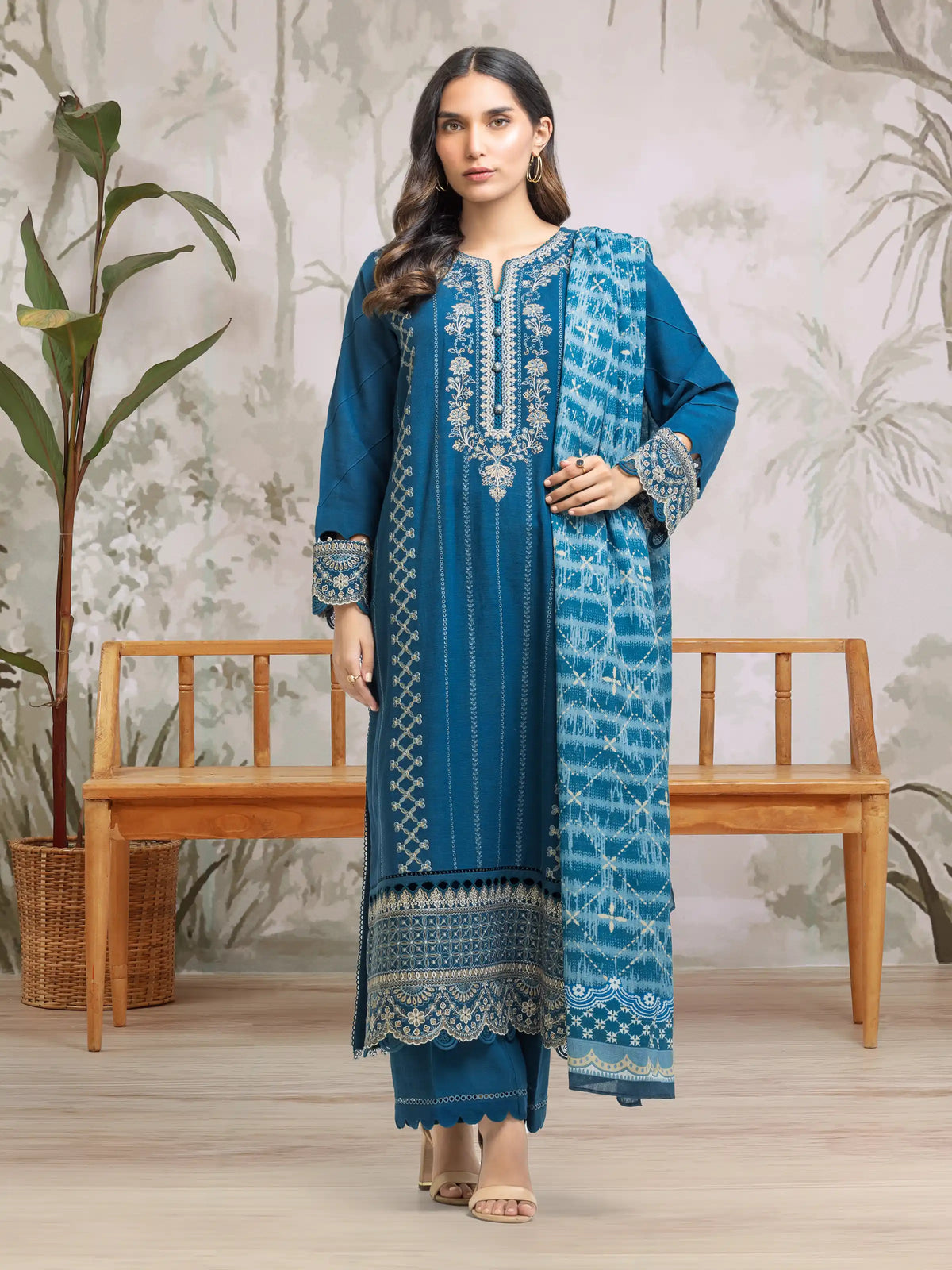 EDENROBE-30310-Unstitched Dark Turquoise Embroidered Khaddar 3 Piece