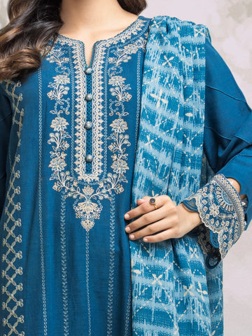 EDENROBE-30310-Unstitched Dark Turquoise Embroidered Khaddar 3 Piece