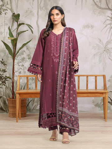 EDENROBE-30311-Unstitched Dark Maroon Embroidered Khaddar 3 Piece