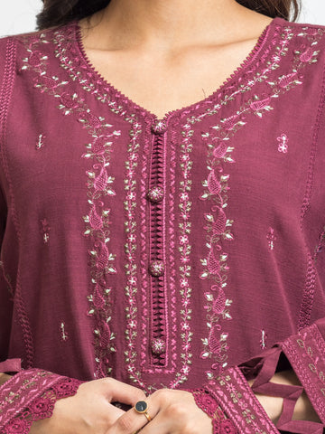 EDENROBE-30311-Unstitched Dark Maroon Embroidered Khaddar 3 Piece