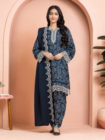 EDENROBE-30177-Unstitched Navy Blue Embroidered Marina Twill 3 Piece