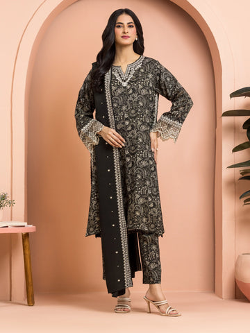 EDENROBE-30185-Unstitched Dark Olive Embroidered Marina Twill 3 Piece