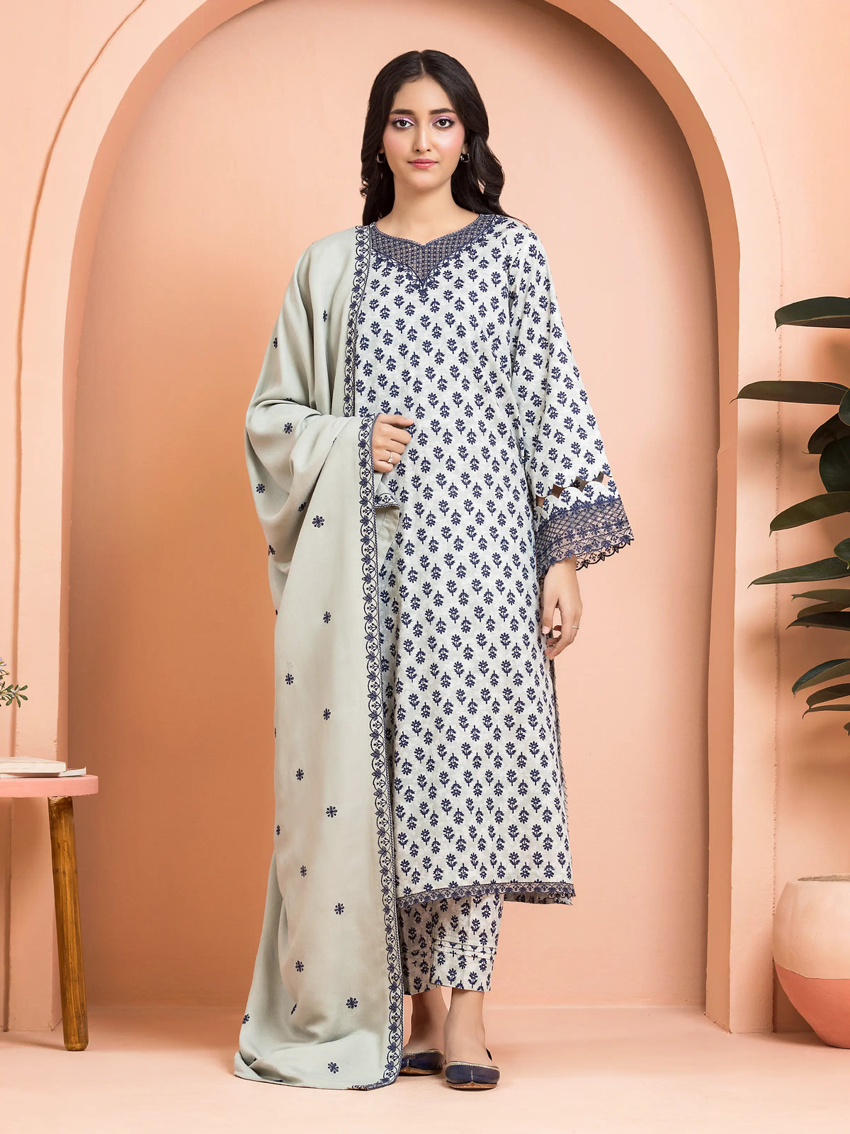 EDENROBE-30186-Unstitched Light Sage Embroidered Marina Twill 3 Piece -