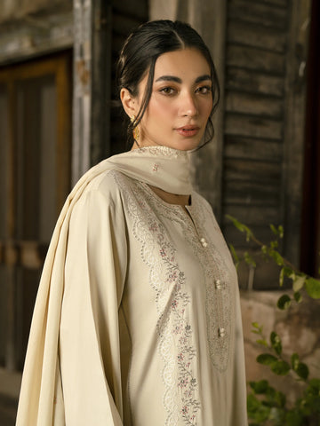 EDENROBE-30203-Unstitched Cream Embroidered Marina Twill 3 Piece