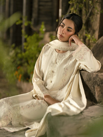 EDENROBE-30203-Unstitched Cream Embroidered Marina Twill 3 Piece