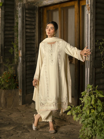 EDENROBE-30203-Unstitched Cream Embroidered Marina Twill 3 Piece
