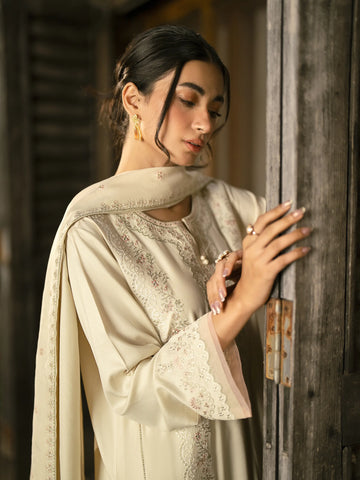 EDENROBE-30203-Unstitched Cream Embroidered Marina Twill 3 Piece