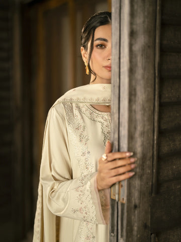 EDENROBE-30203-Unstitched Cream Embroidered Marina Twill 3 Piece