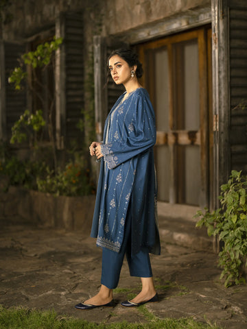 EDENROBE-30205-Unstitched Ocean Blue Embroidered Marina Twill 3 Piece -