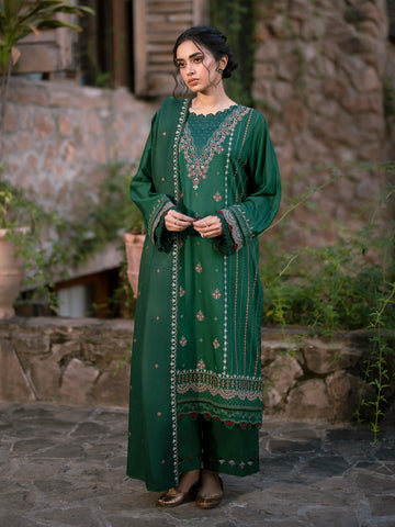 EDENROBE-30206-Unstitched Bottle Green Embroidered Marina Twill 3 Piece