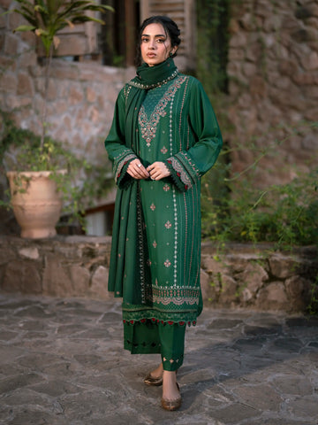 EDENROBE-30206-Unstitched Bottle Green Embroidered Marina Twill 3 Piece