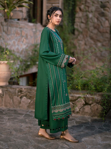 EDENROBE-30206-Unstitched Bottle Green Embroidered Marina Twill 3 Piece