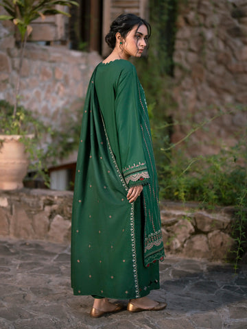 EDENROBE-30206-Unstitched Bottle Green Embroidered Marina Twill 3 Piece