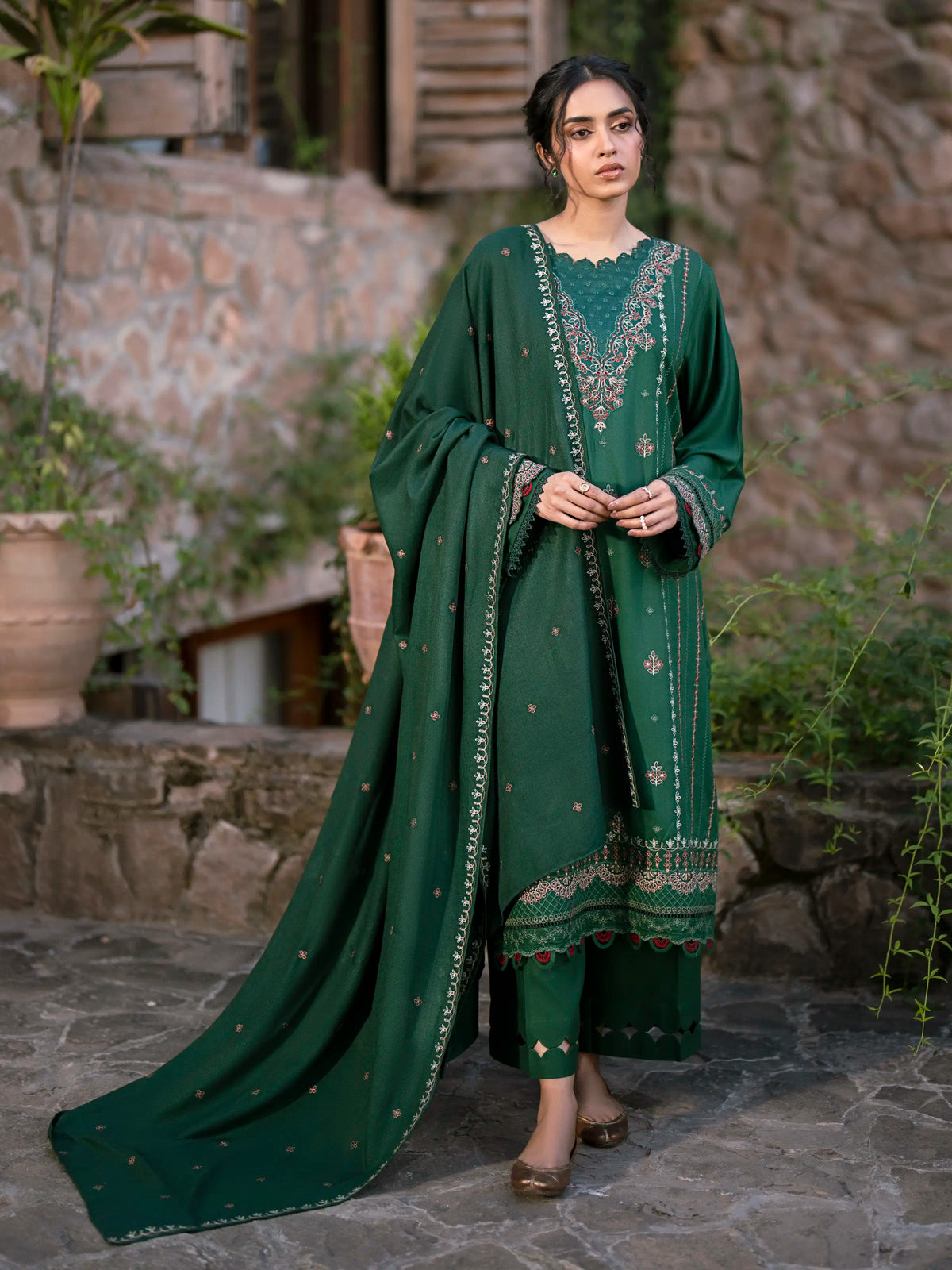 EDENROBE-30206-Unstitched Bottle Green Embroidered Marina Twill 3 Piece